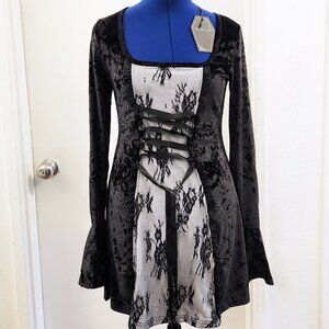 Black velvet short lace goth dress with flared sleeves